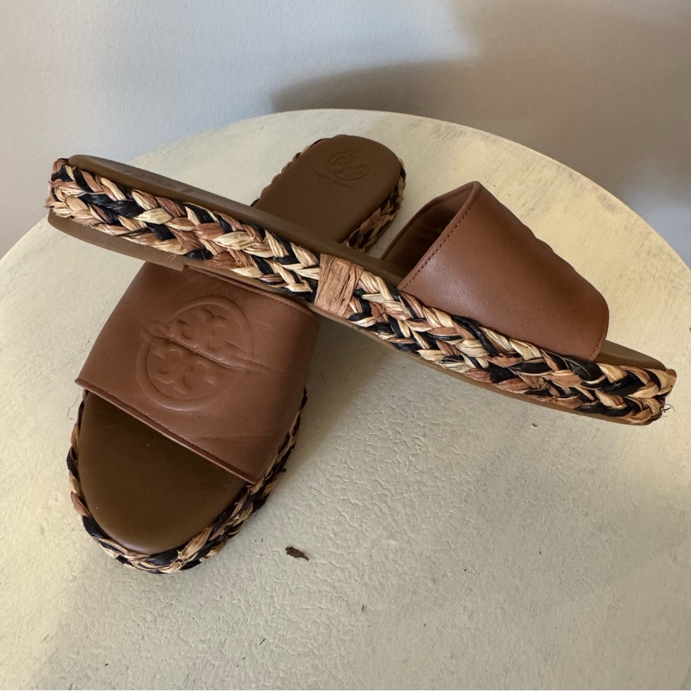 Tory Burch Brown Leather Espadrille Slides - Picture 3 of 5